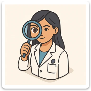 front view of a female doctor with dark long straight hair, detailed brown eyes (not dots), wearing a white coat, looking straight at the camera through a magnifying glass, one eye enlarged and distorted like a fisheye lens, minimalist background, 2D isometric style sticker