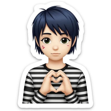 emo rockstar with side-swept bangs, striped shirt, making a heart with hands sticker