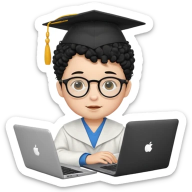 A baby boy DEVELOPER WITH A laptop, black curly hair and topknot, wearing glasses and a mortarboard sticker