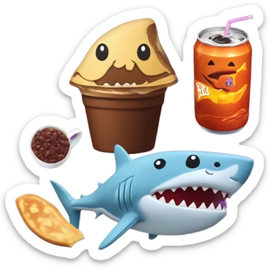 Jumbo scary pancake hallowen dark red bean with happy smile and shark with he baby and drink fanta in cup and mentos sticker