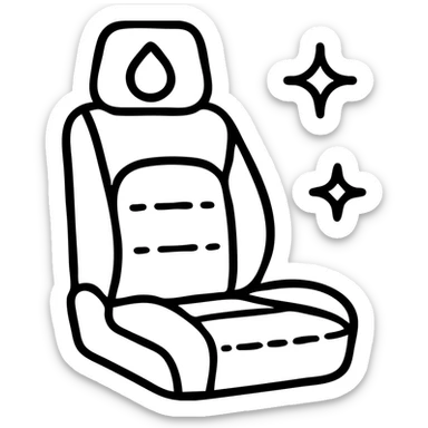 outlined icon of a luxury matte black car seat with a droplet or shield on the headrest, clean lines, elegant stitching, extra shine and sparkling effects, modern and simple sticker
