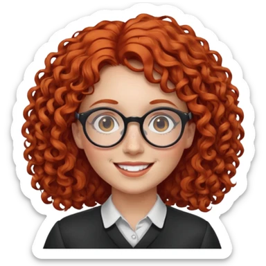 female teacher with curly red hair, round glasses, freckles, plump, cheerful sticker