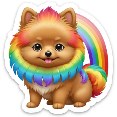 A sweet Tan Pomeranian holding a rainbow sticker
