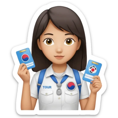A young Asian guide holding her tour license in both hands, wearing a white shirt with the South Korea badge on her chest. sticker