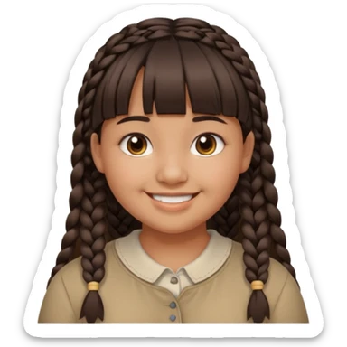 20 year old woman with tan skin, dark brown hair in low braids, blunt cut bangs, chubby face, brown eyes, smiling without teeth showing sticker
