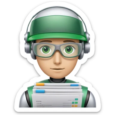 human like robot wearing  accountant Green eyeshade visor  and holding spreadsheets sticker