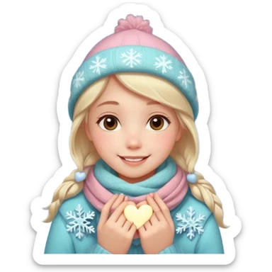 A cute, warm Christmas emoji-style illustration for a romantic A cozy winter atmosphere, soft pastel colors, gentle lighting. A sweet smiling girl with a warm scarf, glowing Christmas lights, snowflakes, and a small heart symbol. clean lines, closeness, and affection.
 sticker