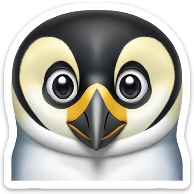 cinematic-adult-emperor-penguin-portrait-emoji,-head-tilted-playfully-and-inquisitively,-with-glossy,-pristine-plumage,-sparkling-eyes-filled-with-curiosity,-simplified-yet-irresistibly-adorable-features, black, large black eyes face sticker