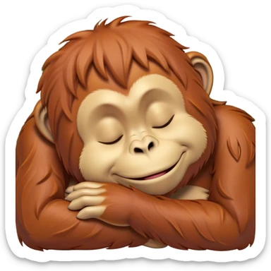 Meme-Worthy cute Sleeping Orangutan Portrait Emoji, Head resting peacefully with a contented smile, showcasing luxuriously soft fur and eyes gently closed in serene slumber, Simplified yet comically adorable features, highly detailed, glowing with a soft, drowsy jungle light, high shine, relaxed and utterly lovable, stylized with an air of playful laziness, bright and heartwarming, soft glowing outline, capturing the essence of a sleeping orangutan that feels destined to become the next viral icon of adorable rest! sticker