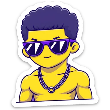 shirtless male athlete with white skin and moderately curly black hair on top with shaved sides, wearing purple sunglasses with black tinted lenses and a plain black chain necklace without pendant sticker