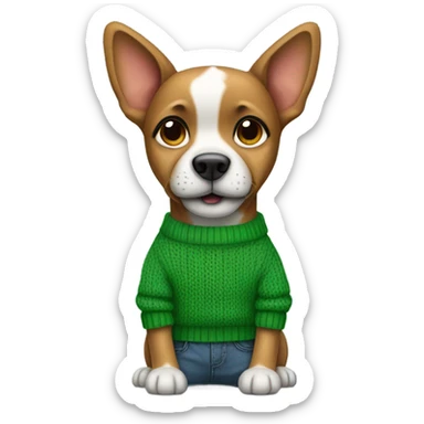 A dog wearing a green sweater with his hands in his jeans and red converse sticker
