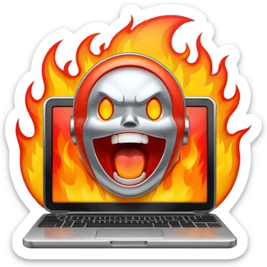 a computer screaming in excitement, fire behind it sticker