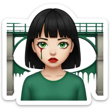 Guria com cabelo preto franjinha sangrando olhos verdes  fundo preto e um piercing bridgepiercing sticker