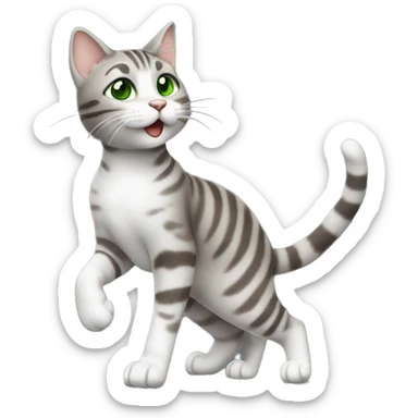 Light grey brown tabby cat dancing standing with green eyes  sticker