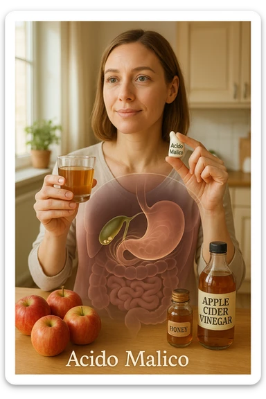 A detailed, realistic illustration or photo-style image showing a person holding a small glass of apple cider vinegar in one hand and a capsule labeled ‘Acido Malico’ in the other. In the foreground or as an overlay, a semi-transparent anatomical view of the abdomen highlights the gallbladder with visible small gallstones inside. Around the gallstones, gentle glowing waves or soft dissolving effects symbolize the softening or breakdown of the stones due to the natural acids. The person looks hopeful and calm, in a bright kitchen setting with fresh apples and natural health products on the counter. The overall mood is informative, natural, and hopeful about non-invasive, natural support for gallstone health in italiano sticker