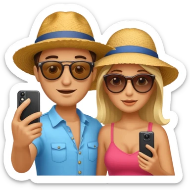 Italian tourist couple, one with sunhat, one with sunglasses, taking a selfie sticker