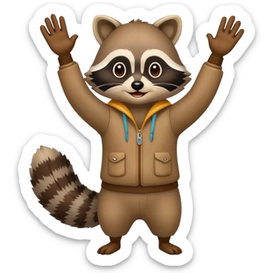 a full body raccoon celebrating hands up wearing fun outfit sticker