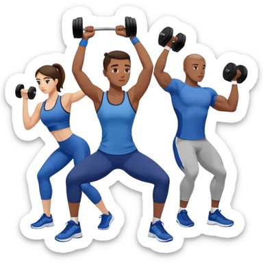 Group at gym, trainers in blue shirts, others in varied gymwear, lifting weights and stretching – strong and focused vibe sticker