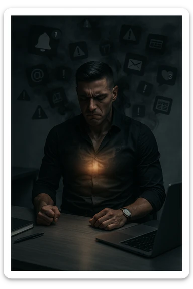 A highly realistic, cinematic image of a young man in his early 30s, sitting at a modern office desk under harsh artificial lighting, shoulders hunched, jaw clenched, and breathing shallowly, symbolizing how modern society forces people to live in a state of chronic tension and restricted breathing. Around him, faint black and grey visual elements represent notifications, deadlines, social media icons, and news alerts, swirling around his head like a chaotic storm, symbolizing societal pressure. His chest appears visually tight and compressed, and faint dark smoke emanates from his body, representing blocked breath and internalized stress. In contrast, a faint glowing light near his chest and abdomen tries to expand, symbolizing the innate desire of the body to breathe freely and deeply. The environment is cold and minimalistic, with a sense of stillness and tension, captured in a hyperrealistic 35mm film style with muted colors, focusing on the man's tense posture and restricted breathing to reflect the unseen burden of modern living. in italiano sticker