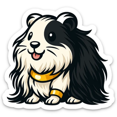 Make the guinea pig long-haired, black and white, with a strong muscular build and gold accessories, keep the style and no background. sticker