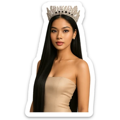South East Asian beauty queen with extremely long straight black hair, wearing a crown sticker