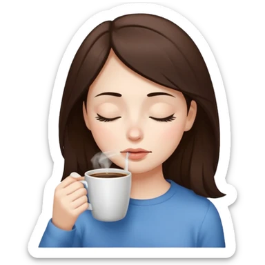 Brunette is a cold girl with white skin and sniffting the coffee in her hand woth her eyes closed sticker