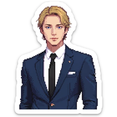 Flat pixel art, focused and reserved male thinker, fair skin, short sleek sandy hair, intense sharp eyes, wearing a deep indigo suit jacket over a black shirt, left hand thoughtfully touching chin, waist-up, front-facing sticker
