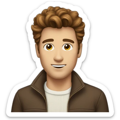 Guy with short brown wavy Elvis like hair and jumper sticker