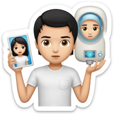 generate a pretty bratz emoji of a boy with black hair wearing a white tshirt and holding a cT sticker