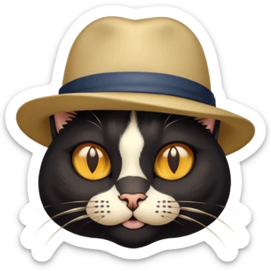mostly black cat with some brown spots on face, gold eyes, british hat sticker