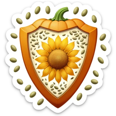 Floating seeds (pumpkin, sunflower, sesame) and a glowing cut of lean meat positioned on a bright shield of light. The shield emits protective rays while the seeds and meat shine with nutritional essence, creating a healing and protective visual. sticker