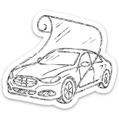 hand-drawn outlined icon of a high-end glossy black car, partially covered by a transparent rolled film, curved effect for adhesion, clean and modern sticker