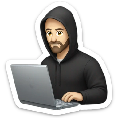 bald white man with a black beard typing on apple computer wearing a black hoodie sticker