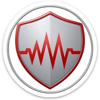 Minimalist medical technology logo. White background. A clean circular shield shape in light gray. Inside the shield — a sharp red signal line forming abstract letters “AI”, resembling a medical alert waveform but not a classic ECG.  sticker