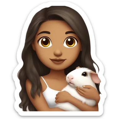 a Latina girl with long dark brown hair and light skin wearing a white tube top shirt snuggling a baby guinea pig sticker