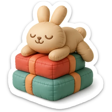 bunny lying on birthday gifts, sleepy and happy smile eyes, cushion style sticker