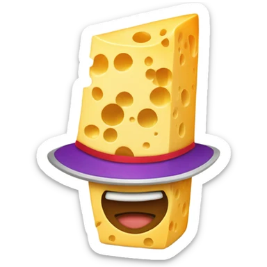 A piece of cheese with a hat sticker