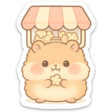 kawaii style soft fluffy hamster as a popcorn machine, puffed cheeks, holding popcorn, soft pastel palette, full-body sticker