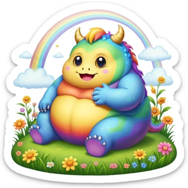 Kawaii derpy fat rainbow monster sitting in a magic field, rich textures, visually detailed, so lifelike that it feels like it could leap off the page at any moment sticker
