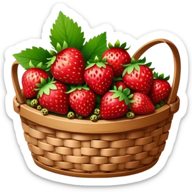 Cinematic ripe strawberrie, deep red, glossy with tiny seeds, green leaves still attached, gathered in a rustic basket, warm glowing background, fresh and sweet. sticker