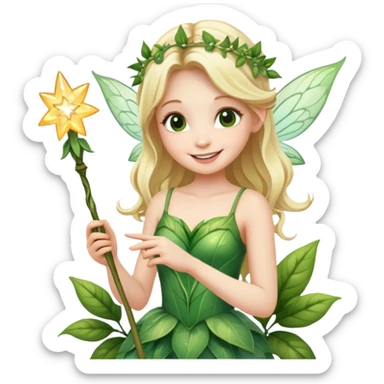 blonde fairy in plant dress with magic wand smiling  sticker