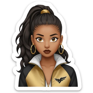 “black Emoji girl, fierce confident expression, sharp black winged eyeliner, bold brows, matte nude lips, long curled lashes, sleek high ponytail, gold hoop earrings, sporty streetwear jacket.” sticker