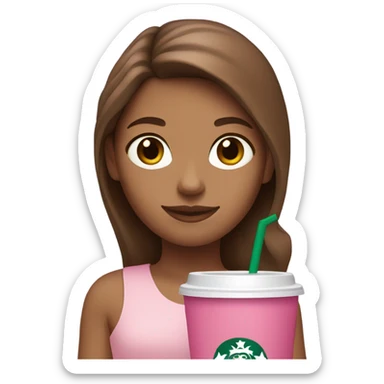 Brown haired white girl holding a pink Starbucks cup sticker