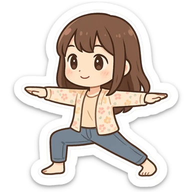 chibi sticker of a girl with brown straight hair and brown eyes, wearing a pastel floral cardigan and jeans, doing yoga in warrior pose, white outline, transparent background, 512x512px sticker