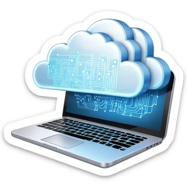 An icon featuring a glowing laptop, cloud network, and flowing binary code, symbolizing information technology. The design includes data servers, a circuit pattern, and digital connections, representing software, networking, and innovation. Transparent background  sticker