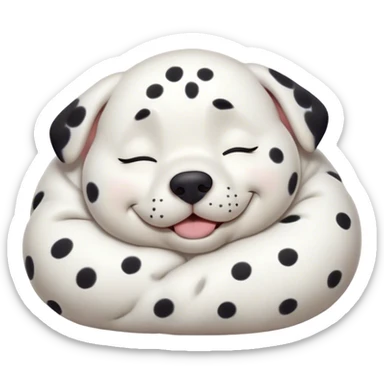 Cinematic Meme-Worthy Chubby Sleeping Dalmatian Portrait Emoji, Head resting peacefully with a contented smile, showcasing a delightfully chubby build and a luxuriously soft white coat with bold black spots, eyes shut in a serene nap, Simplified yet hilariously adorable features, highly detailed, glowing with a soft, drowsy light, high shine, relaxed and utterly lovable, stylized with an air of playful laziness, bright and heartwarming, soft glowing outline, capturing the essence of a comically sleepy Dalmatian, so meme-worthy it feels like it could instantly become the next viral sensation of adorable slumber! sticker