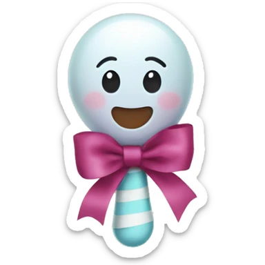 Baby rattle toy with a ribbon wrapped around the middle with no facial features present.  sticker