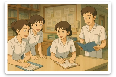 Four nursing students inspired by references, collaborating and interacting in a care station, wearing white short-sleeve uniforms with V-neck medical tunics, left chest pocket, no collar stand, no stethoscopes, nothing protruding from sleeves, warm, dynamic, professional atmosphere, Ghibli style sticker