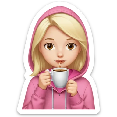 Girl with light blonde hair, pink hoodie, drinking espresso sticker