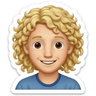 blonde boy with long curly hair past his hears smiling sticker